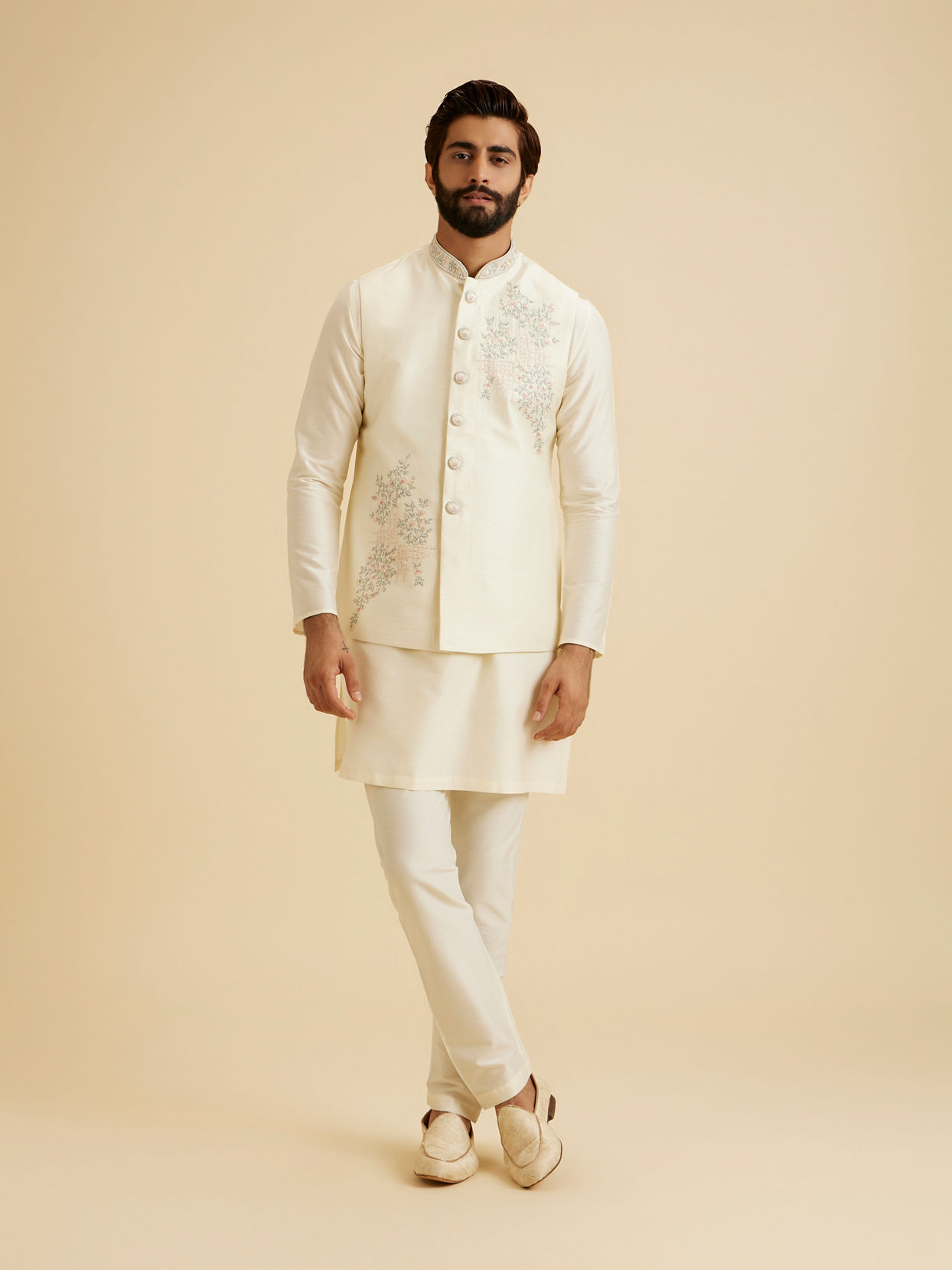 Manyavar Men Majestic Warm White Nehru Jacket