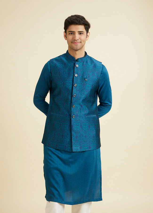 Manyavar Men Teal Blue Glamour Nehru Jacket