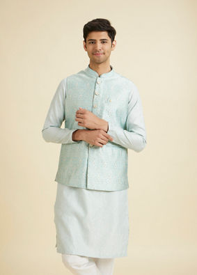 Manyavar Men Captivating Blue Brocade Nehru Jacket