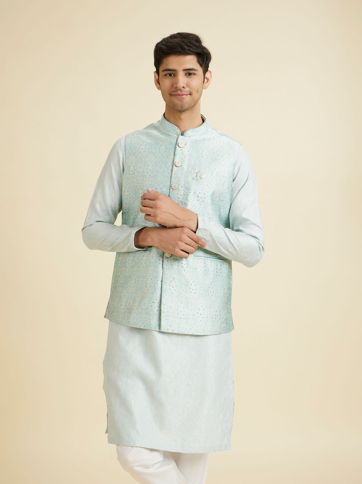 Manyavar Men Captivating Blue Brocade Nehru Jacket