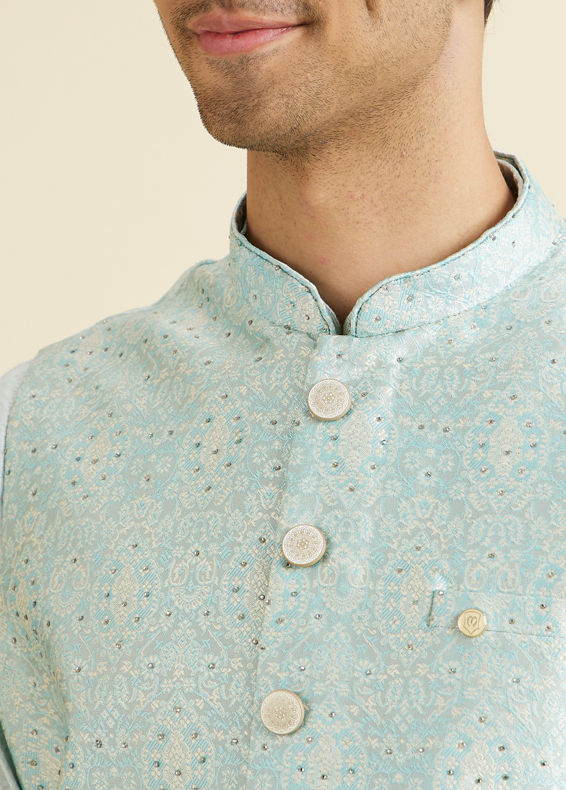 Manyavar Men Captivating Blue Brocade Nehru Jacket