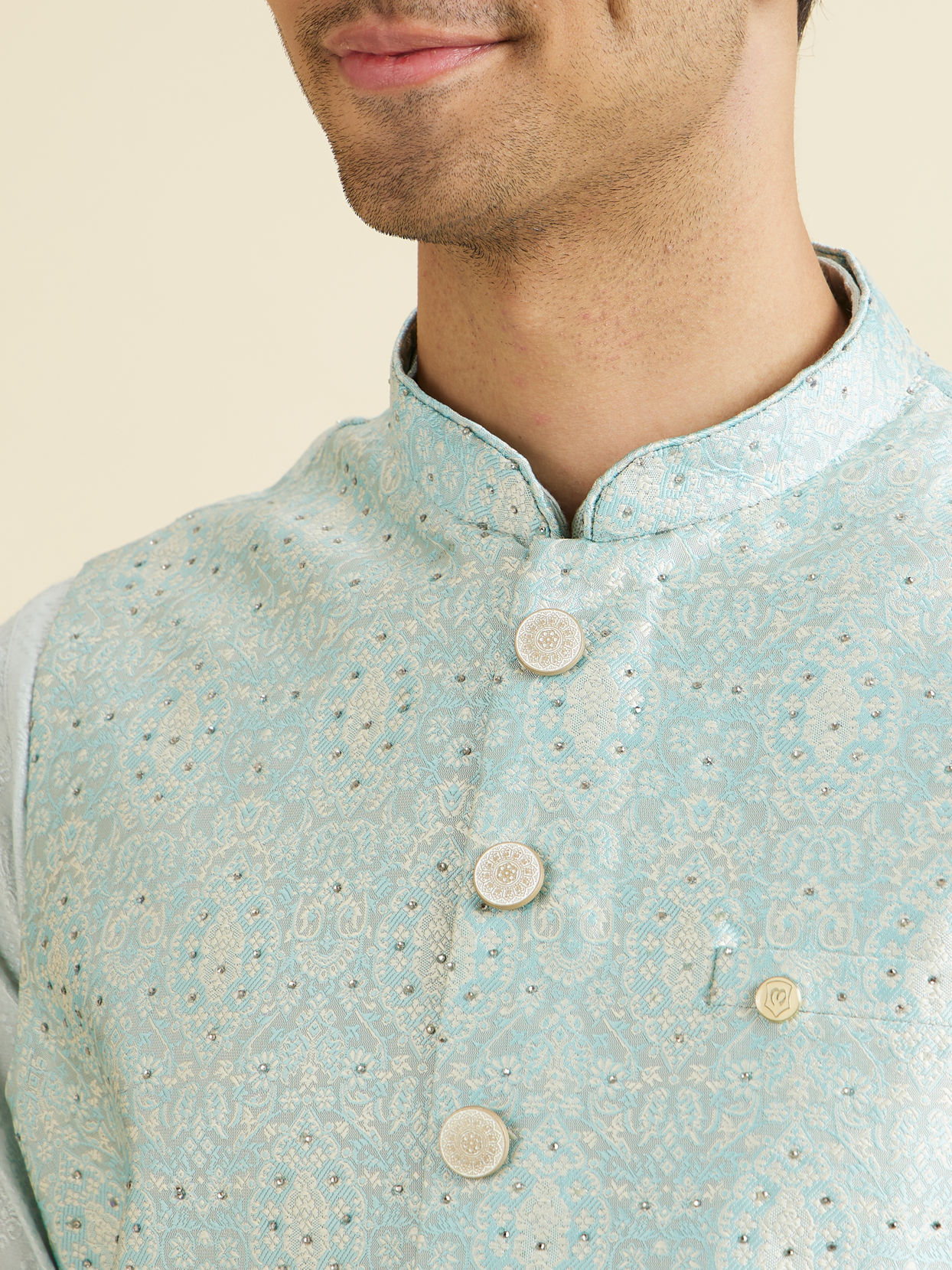 Manyavar Men Captivating Blue Brocade Nehru Jacket
