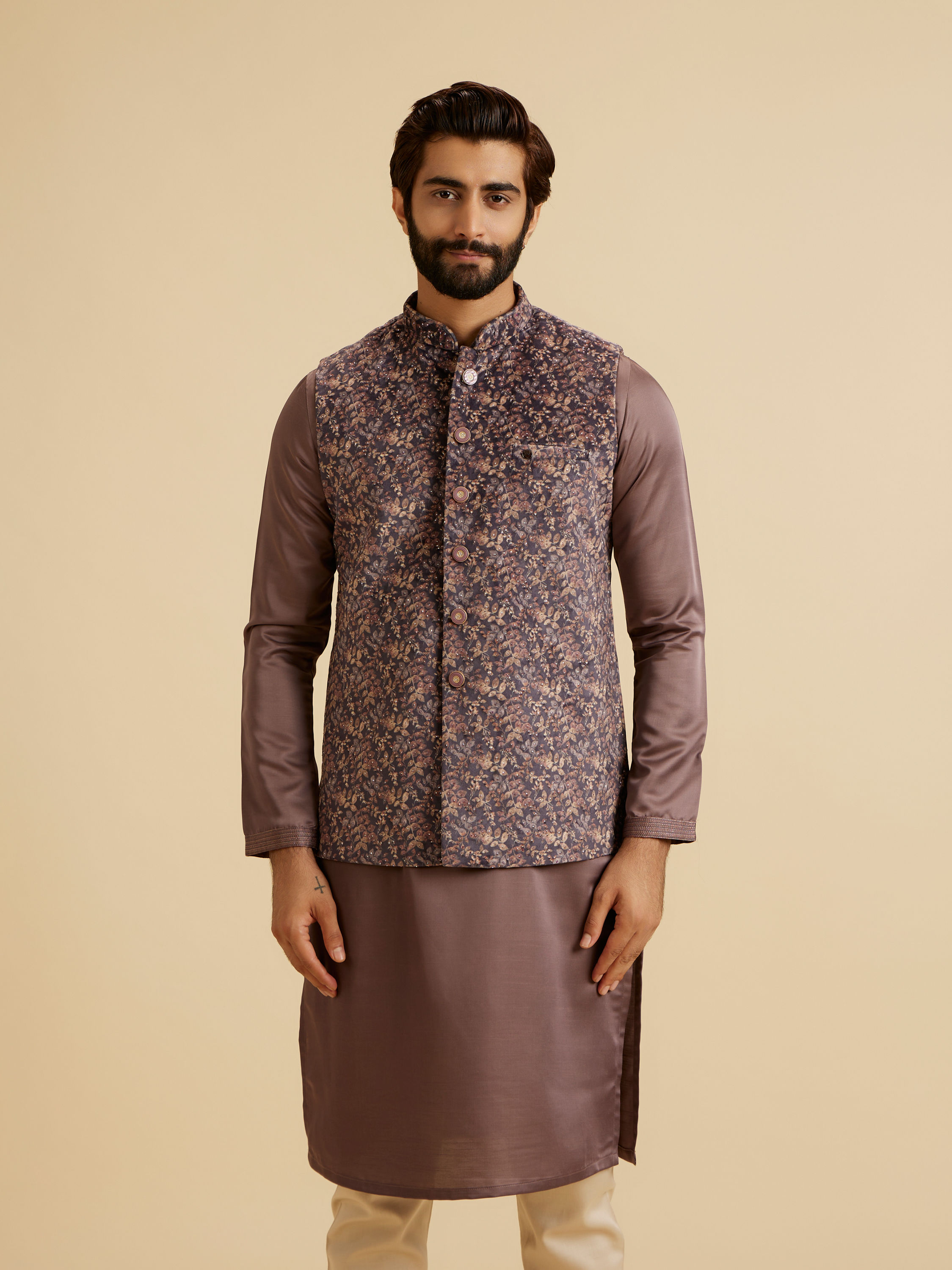 Manyavar Men Lavish Lilac Velvet Nehru Jacket