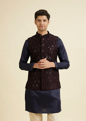 Manyavar Men Wine Velvet Elegance Nehru Jacket