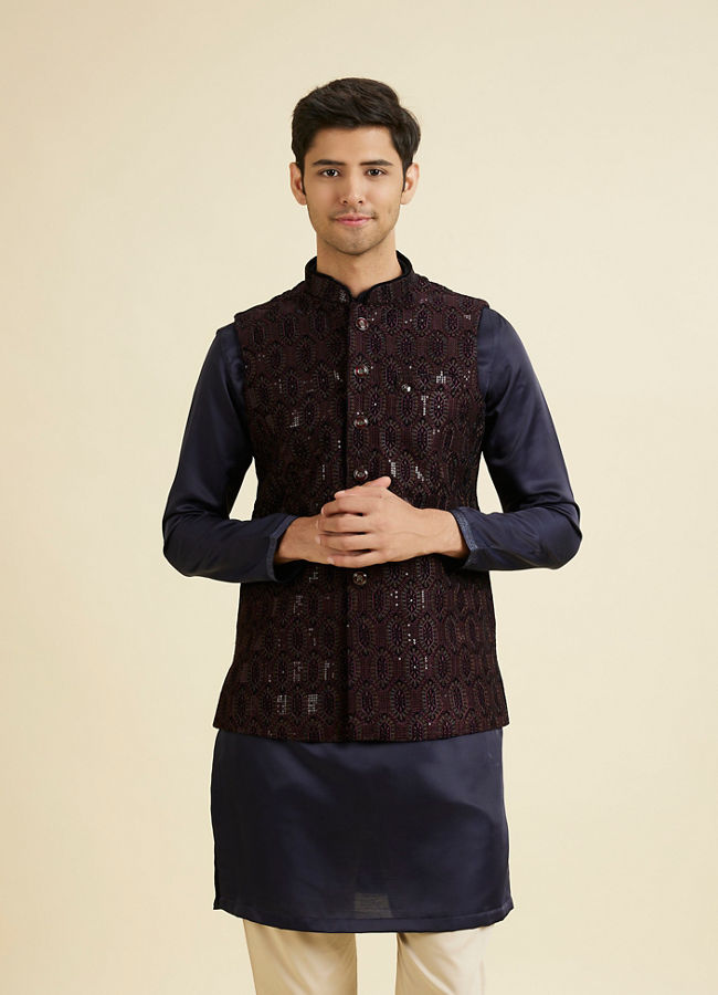 Manyavar Men Wine Velvet Elegance Nehru Jacket