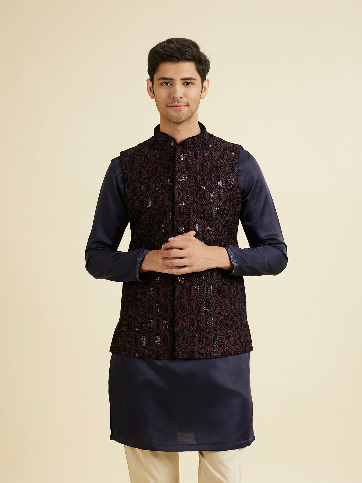 Manyavar Men Wine Velvet Elegance Nehru Jacket