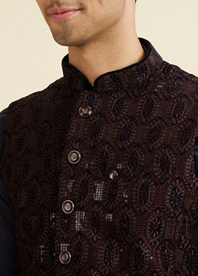 Manyavar Men Wine Velvet Elegance Nehru Jacket