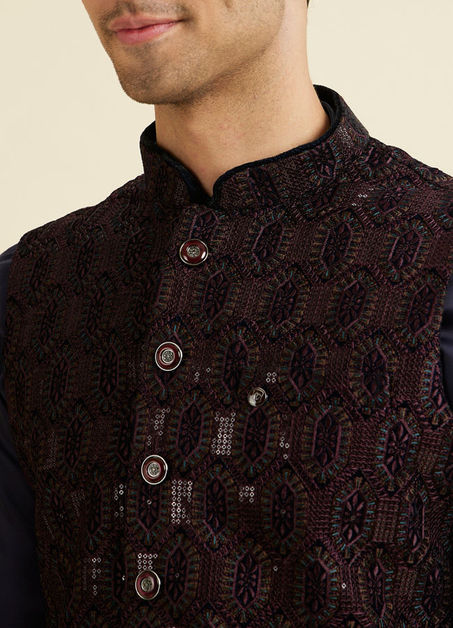 Manyavar Men Wine Velvet Elegance Nehru Jacket