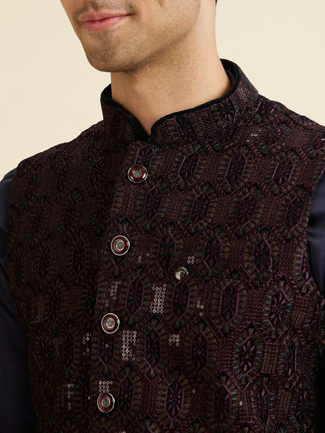 Manyavar Men Wine Velvet Elegance Nehru Jacket