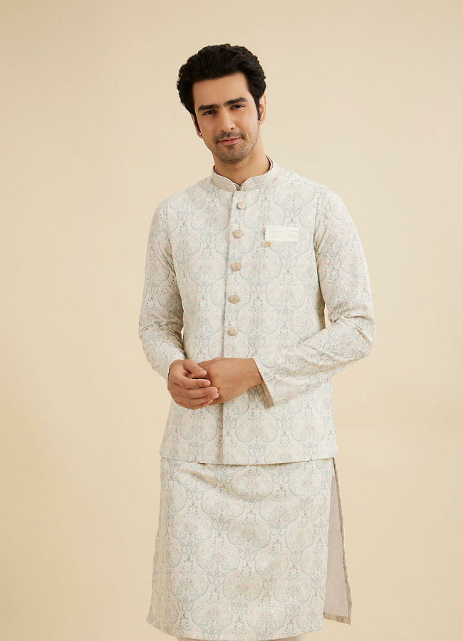 Manyavar Men Pista Green Paisley Patterned Jacket with Sequin Work