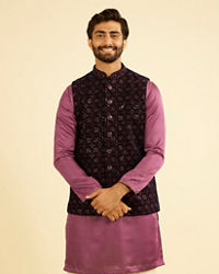 Manyavar Men Dark Blue Velvet Nehru Jacket