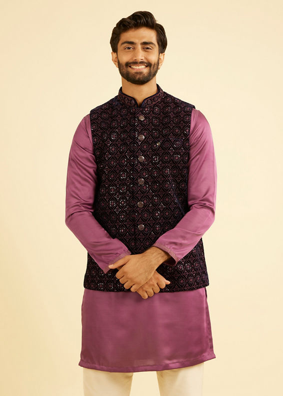 Manyavar Men Dark Blue Velvet Nehru Jacket