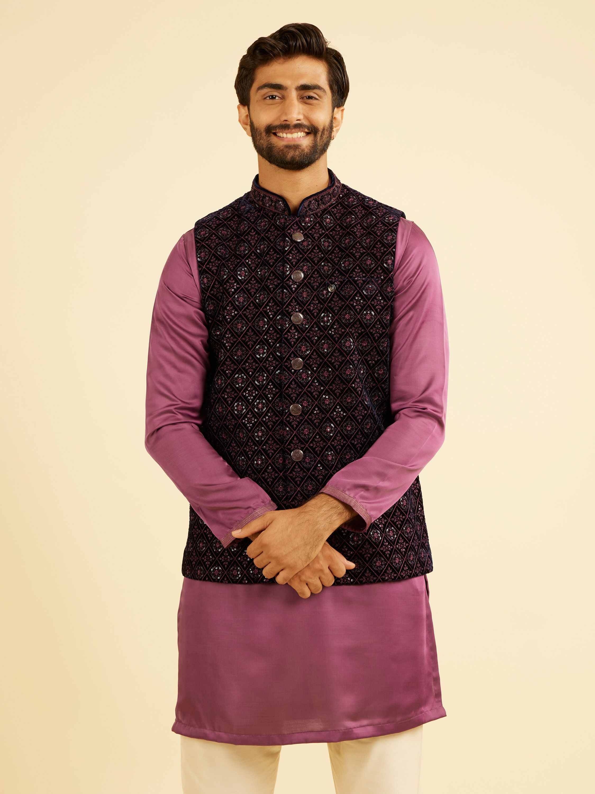 Manyavar Men Dark Blue Velvet Nehru Jacket