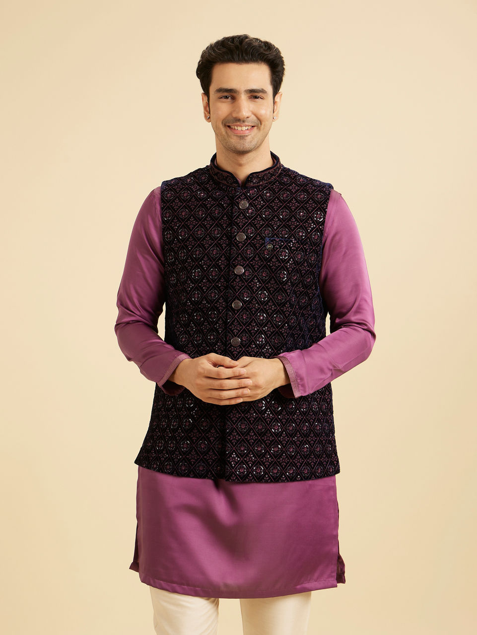Manyavar Men Dark Blue Velvet Nehru Jacket