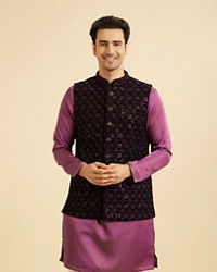 Manyavar Men Dark Blue Velvet Nehru Jacket