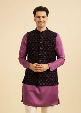 Manyavar Men Dark Blue Velvet Nehru Jacket