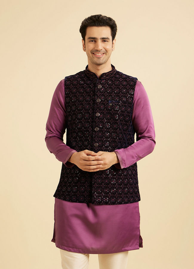 Manyavar Men Dark Blue Velvet Nehru Jacket