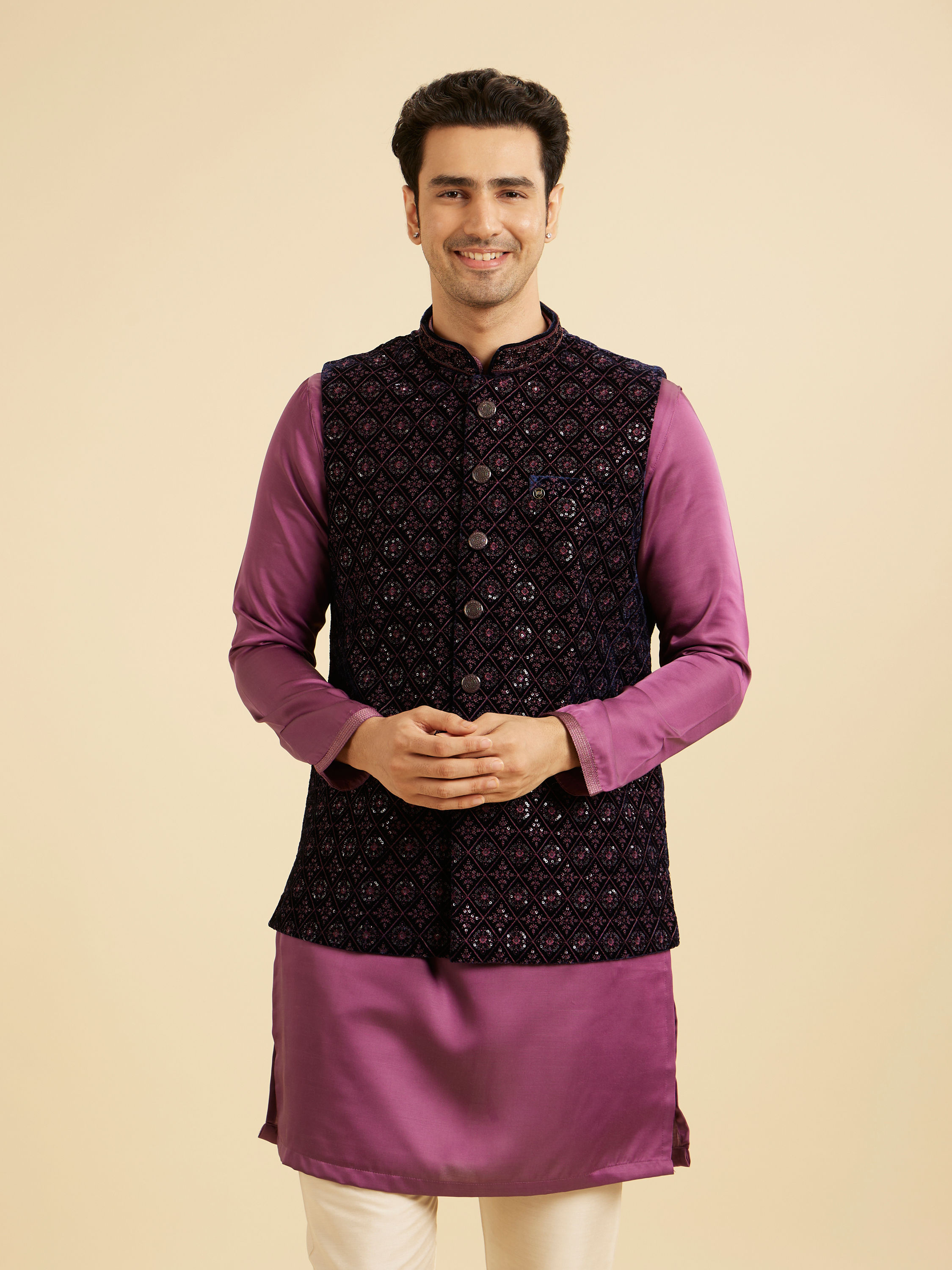 Manyavar Men Dark Blue Velvet Nehru Jacket