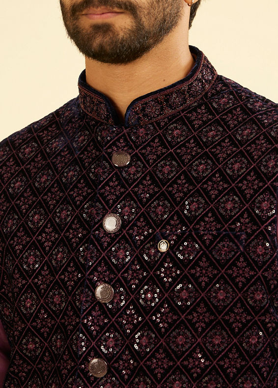 Manyavar Men Dark Blue Velvet Nehru Jacket