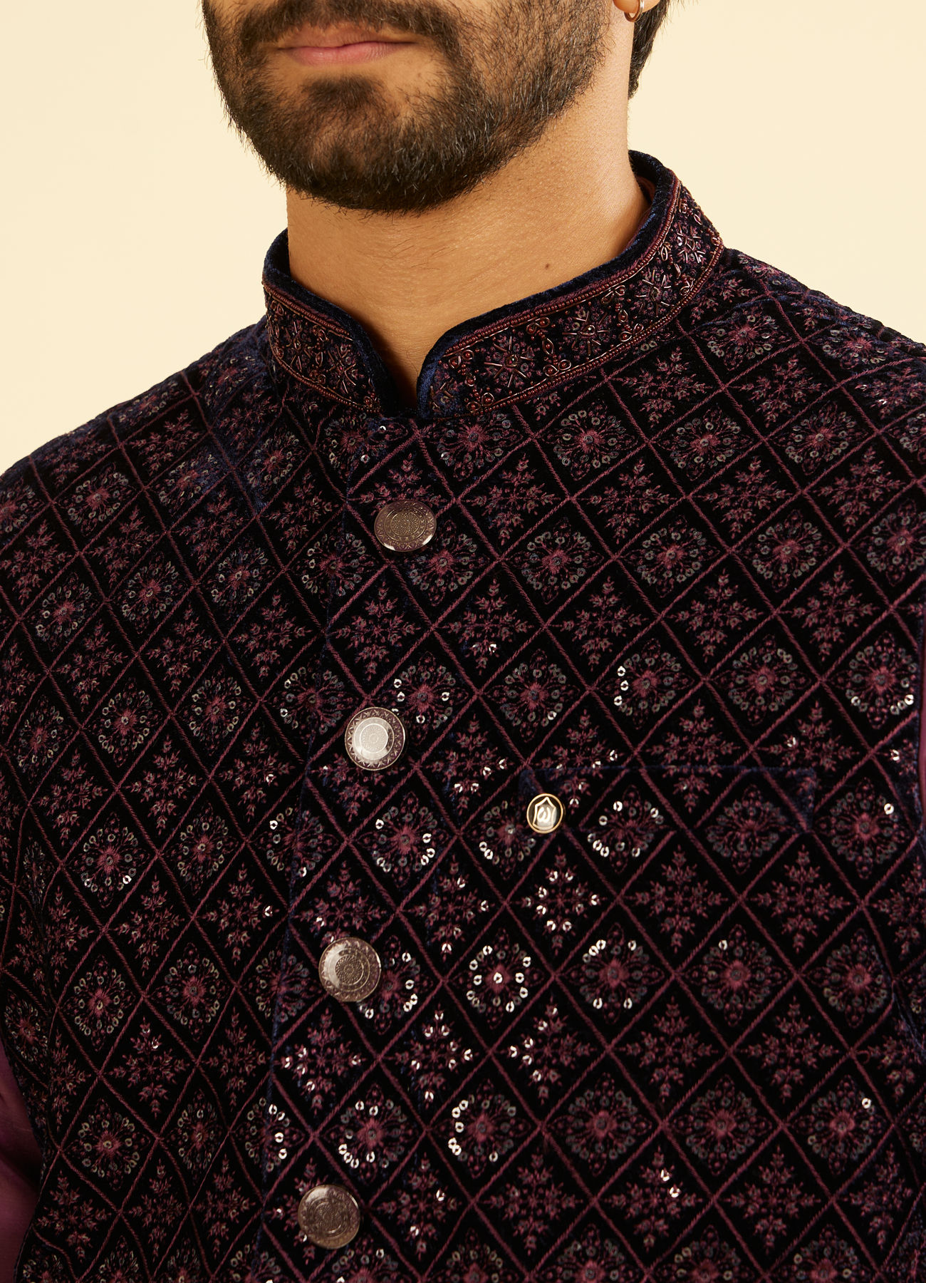 Manyavar Men Dark Blue Velvet Nehru Jacket