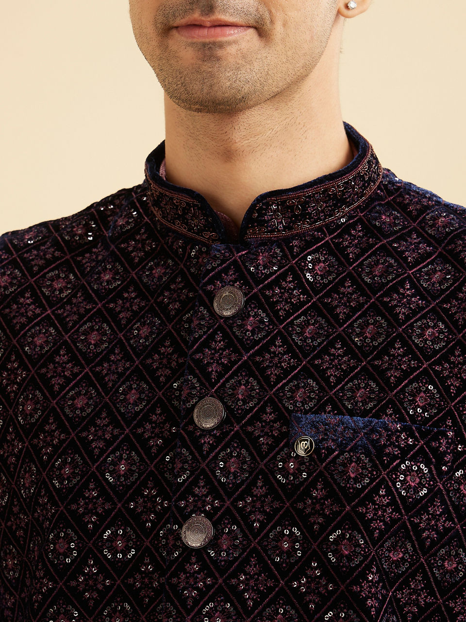 Manyavar Men Dark Blue Velvet Nehru Jacket