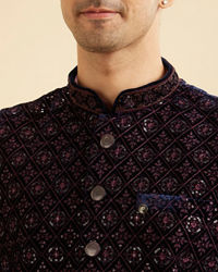 Manyavar Men Dark Blue Velvet Nehru Jacket