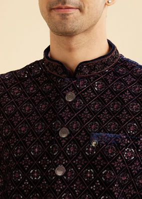 Manyavar Men Dark Blue Velvet Nehru Jacket