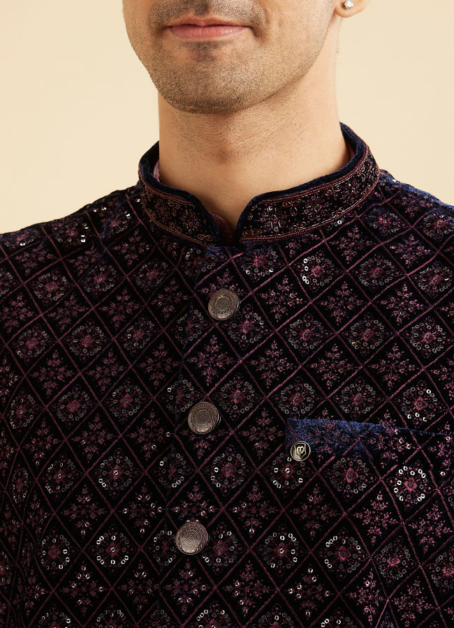 Manyavar Men Dark Blue Velvet Nehru Jacket