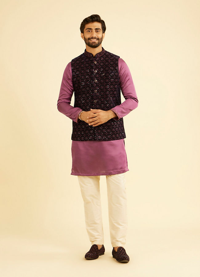 Manyavar Men Dark Blue Velvet Nehru Jacket