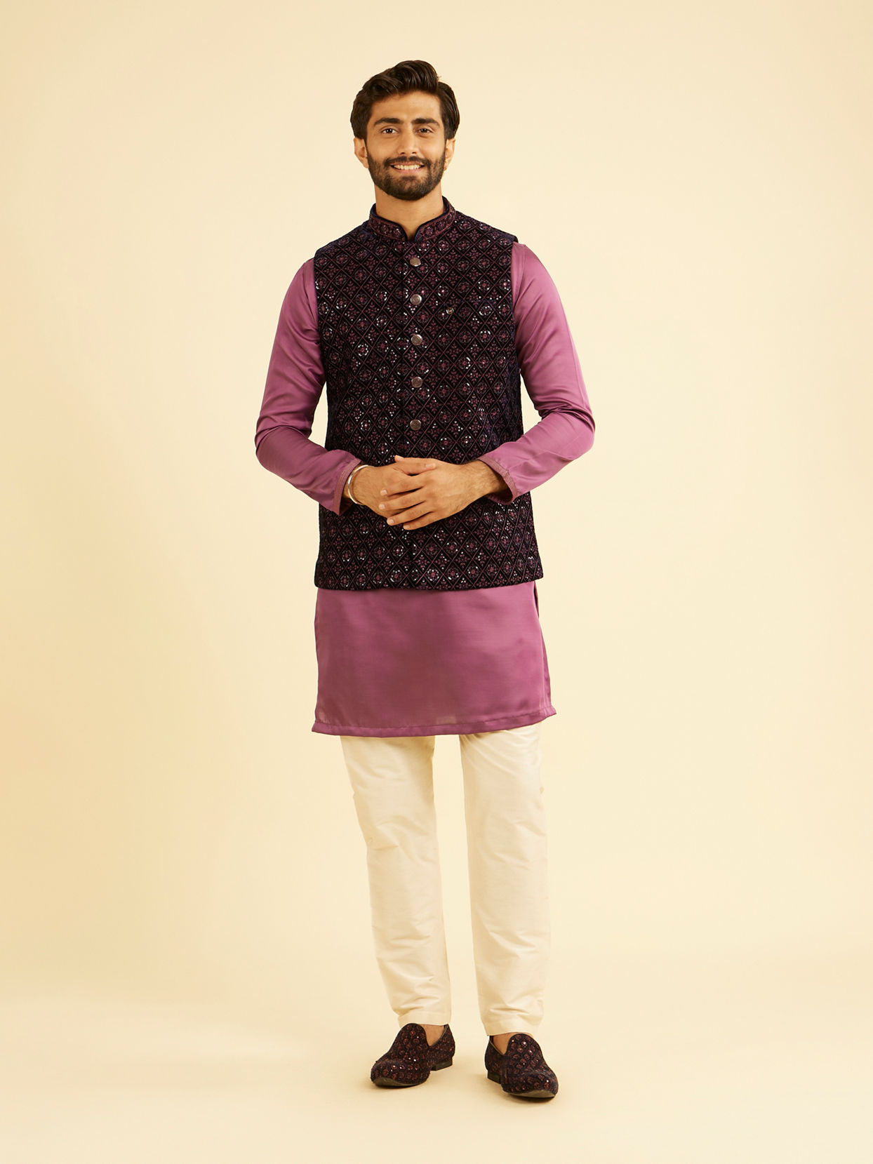 Manyavar Men Dark Blue Velvet Nehru Jacket