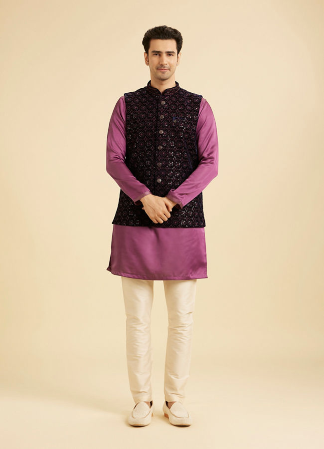 Manyavar Men Dark Blue Velvet Nehru Jacket