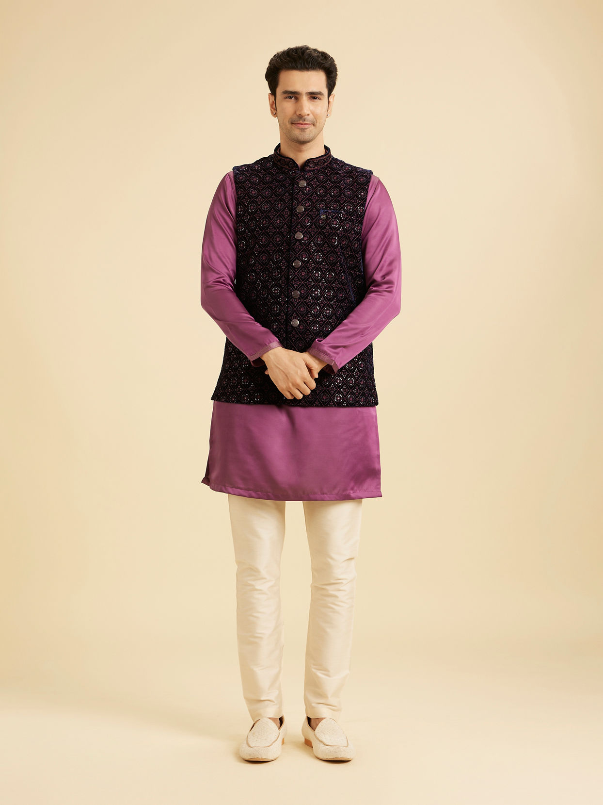 Manyavar Men Dark Blue Velvet Nehru Jacket