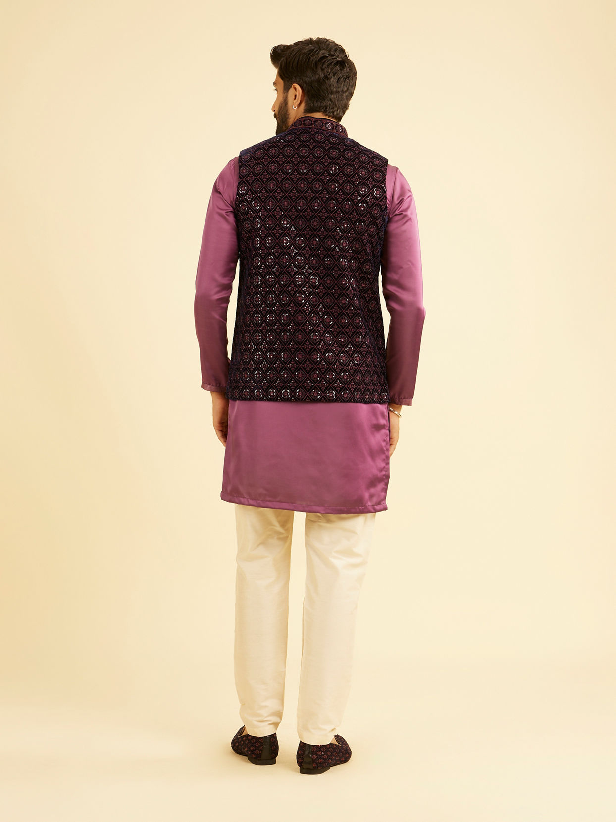 Manyavar Men Dark Blue Velvet Nehru Jacket