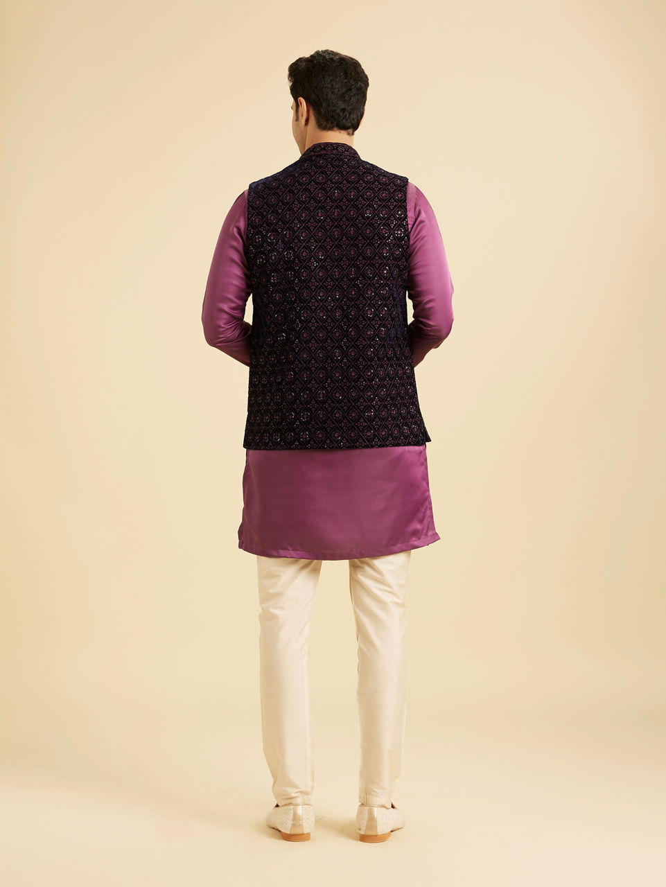 Manyavar Men Dark Blue Velvet Nehru Jacket