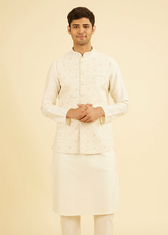 Manyavar Men Royal Cream Brocade Nehru Jacket