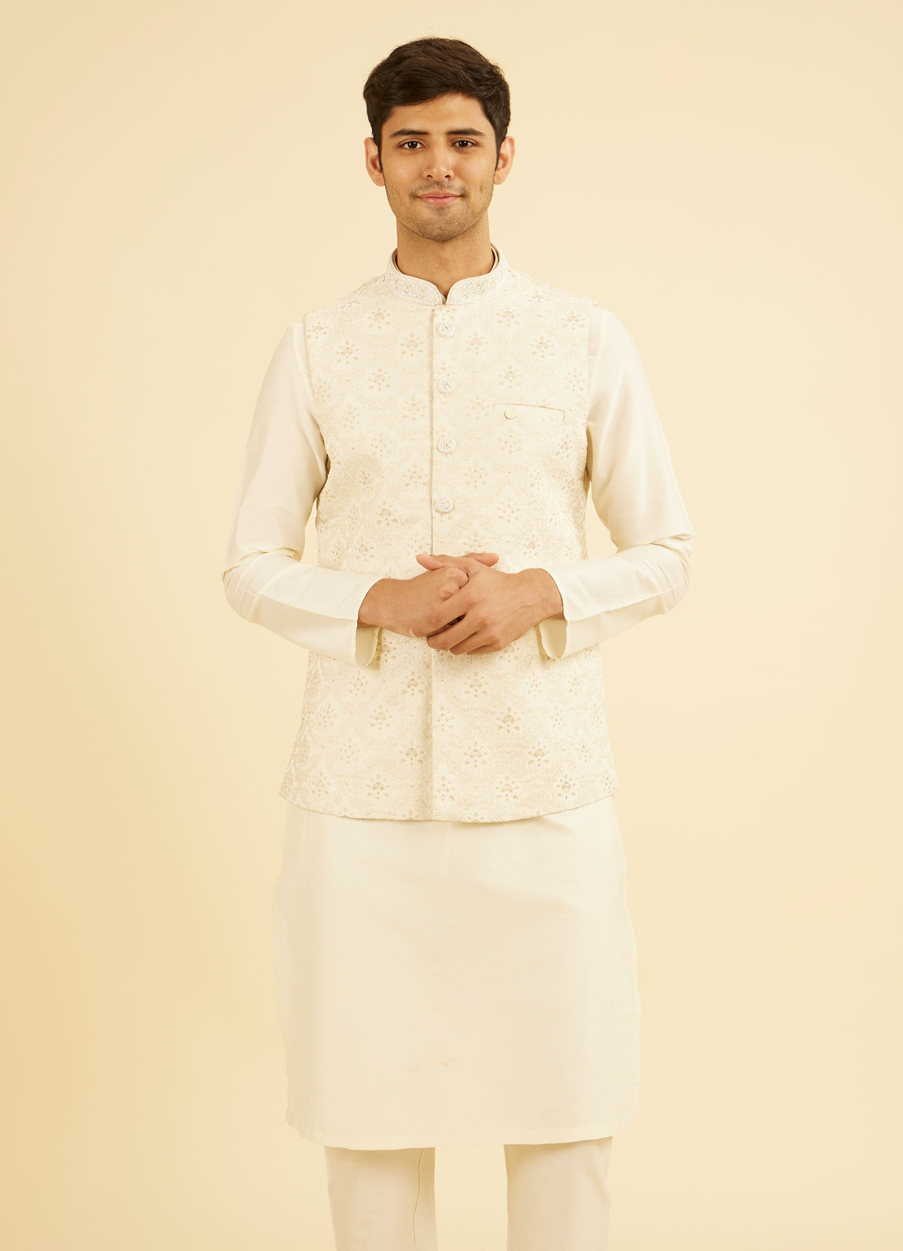 Manyavar Men Royal Cream Brocade Nehru Jacket