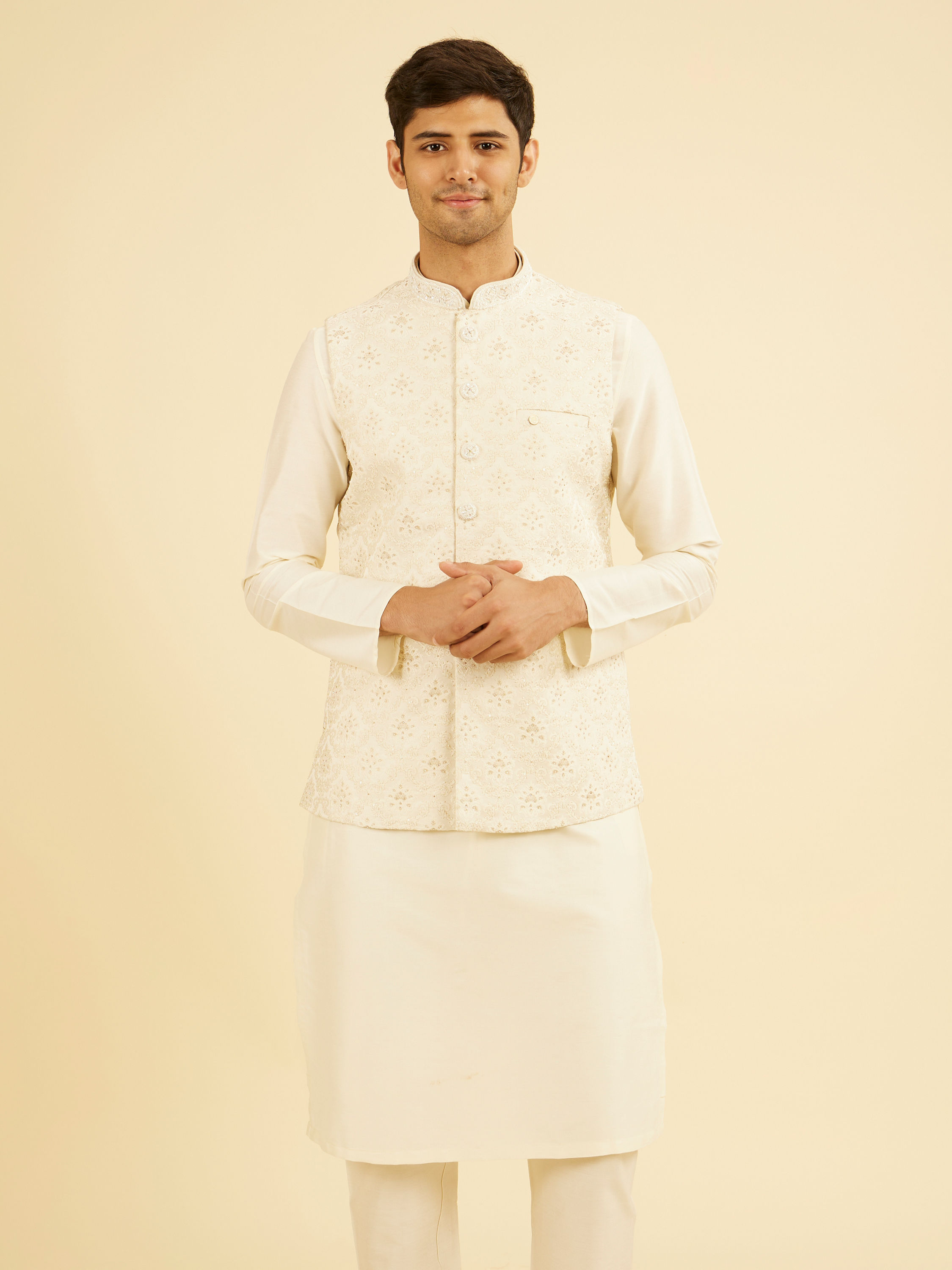 Manyavar Men Royal Cream Brocade Nehru Jacket