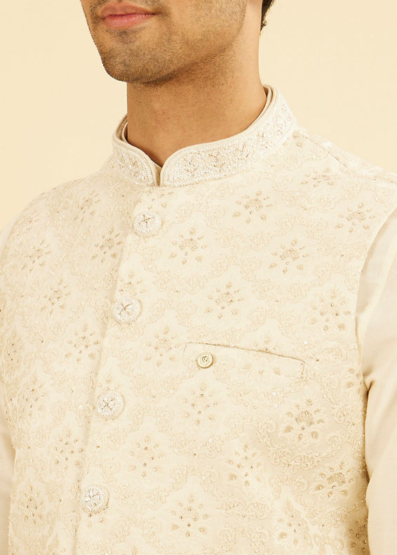 Manyavar Men Royal Cream Brocade Nehru Jacket