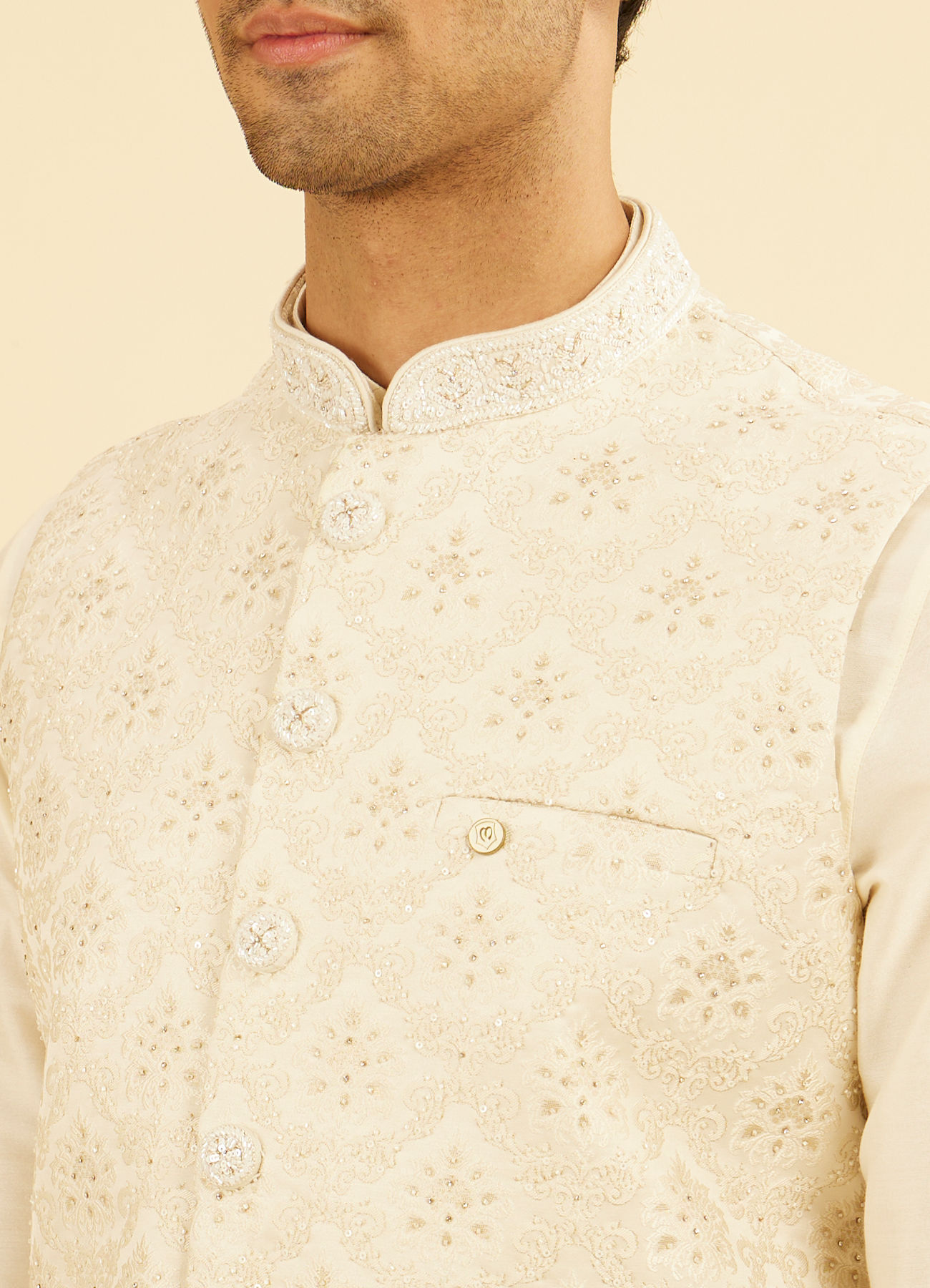 Manyavar Men Royal Cream Brocade Nehru Jacket