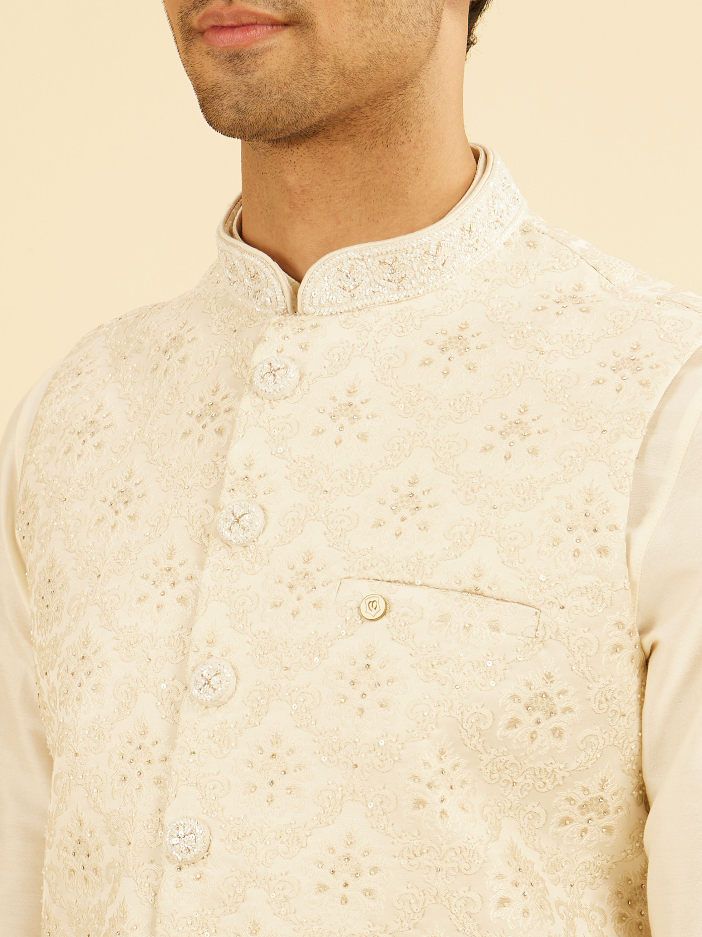 Manyavar Men Royal Cream Brocade Nehru Jacket