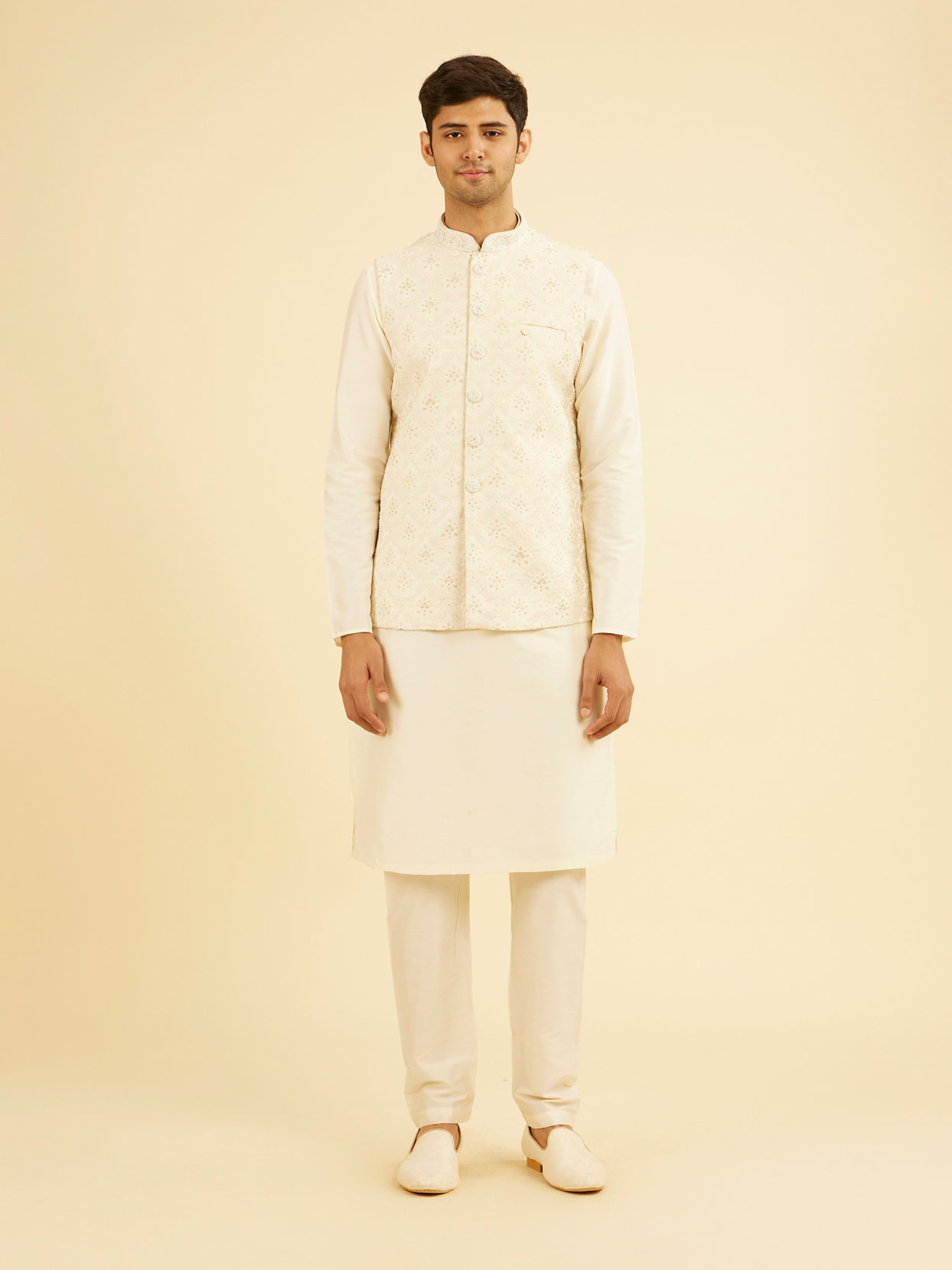 Manyavar Men Royal Cream Brocade Nehru Jacket