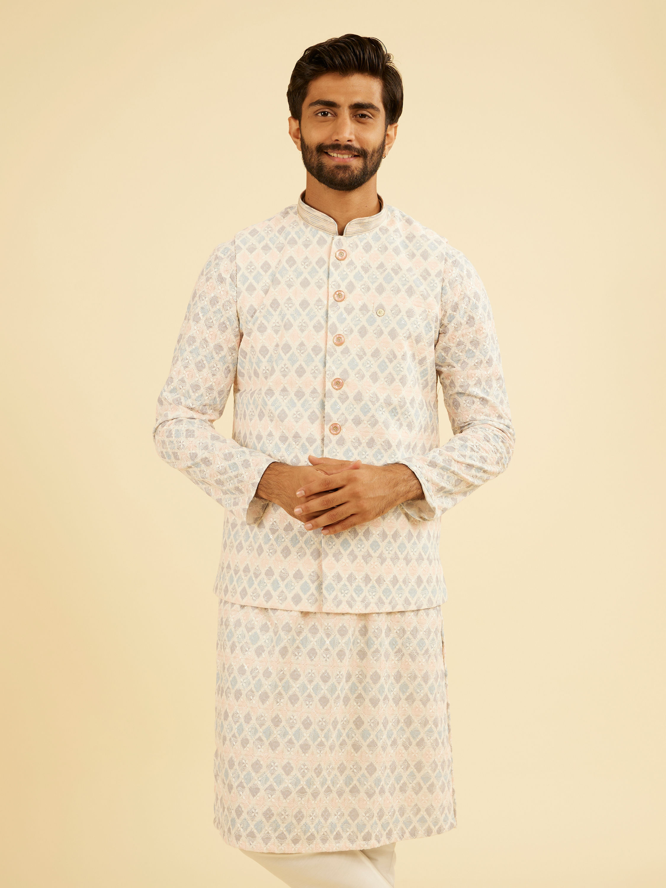 Manyavar Men Cream Cotton Nehru Jacket