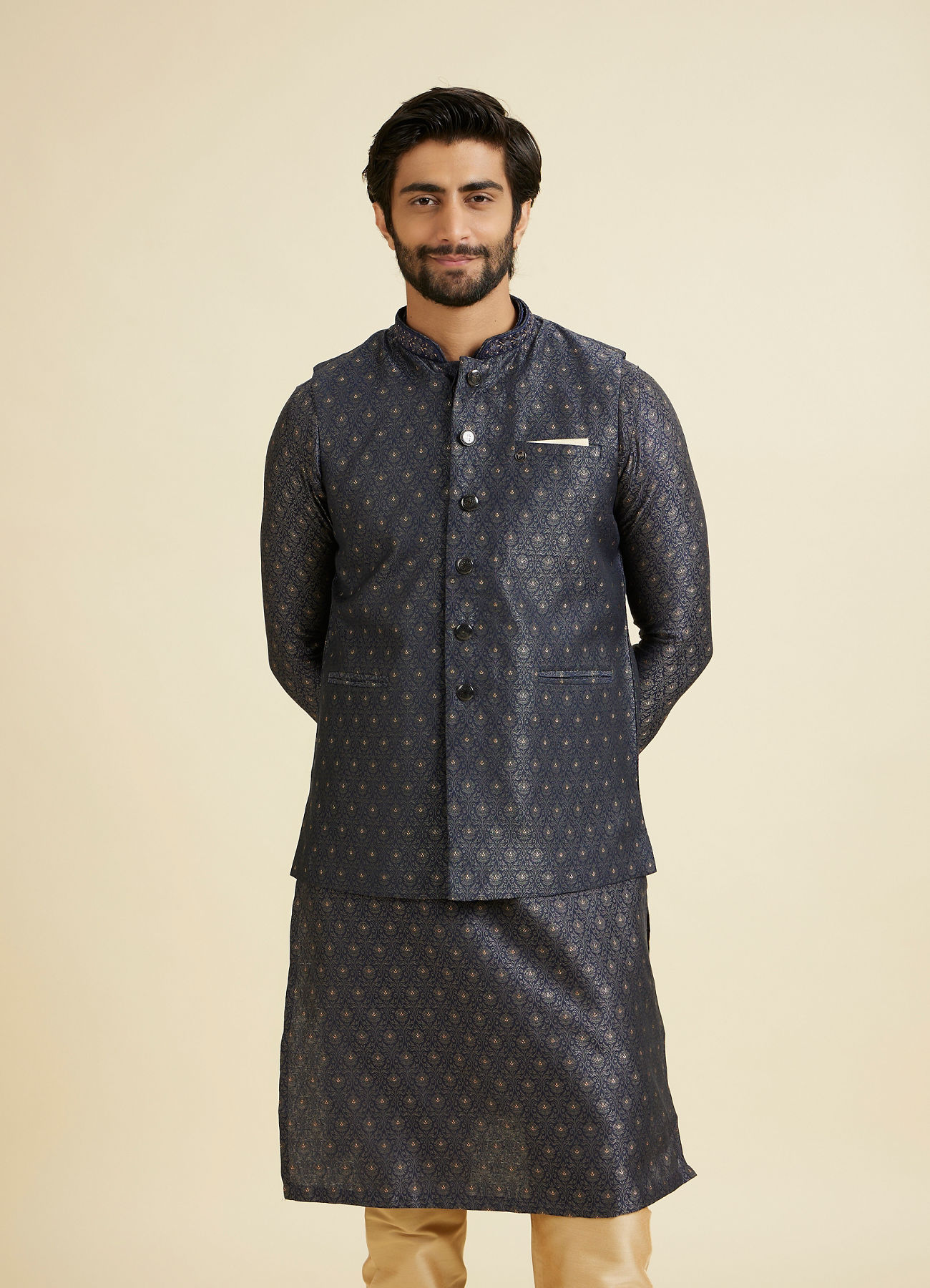 Manyavar Men Royal Dark Blue Nehru Jacket
