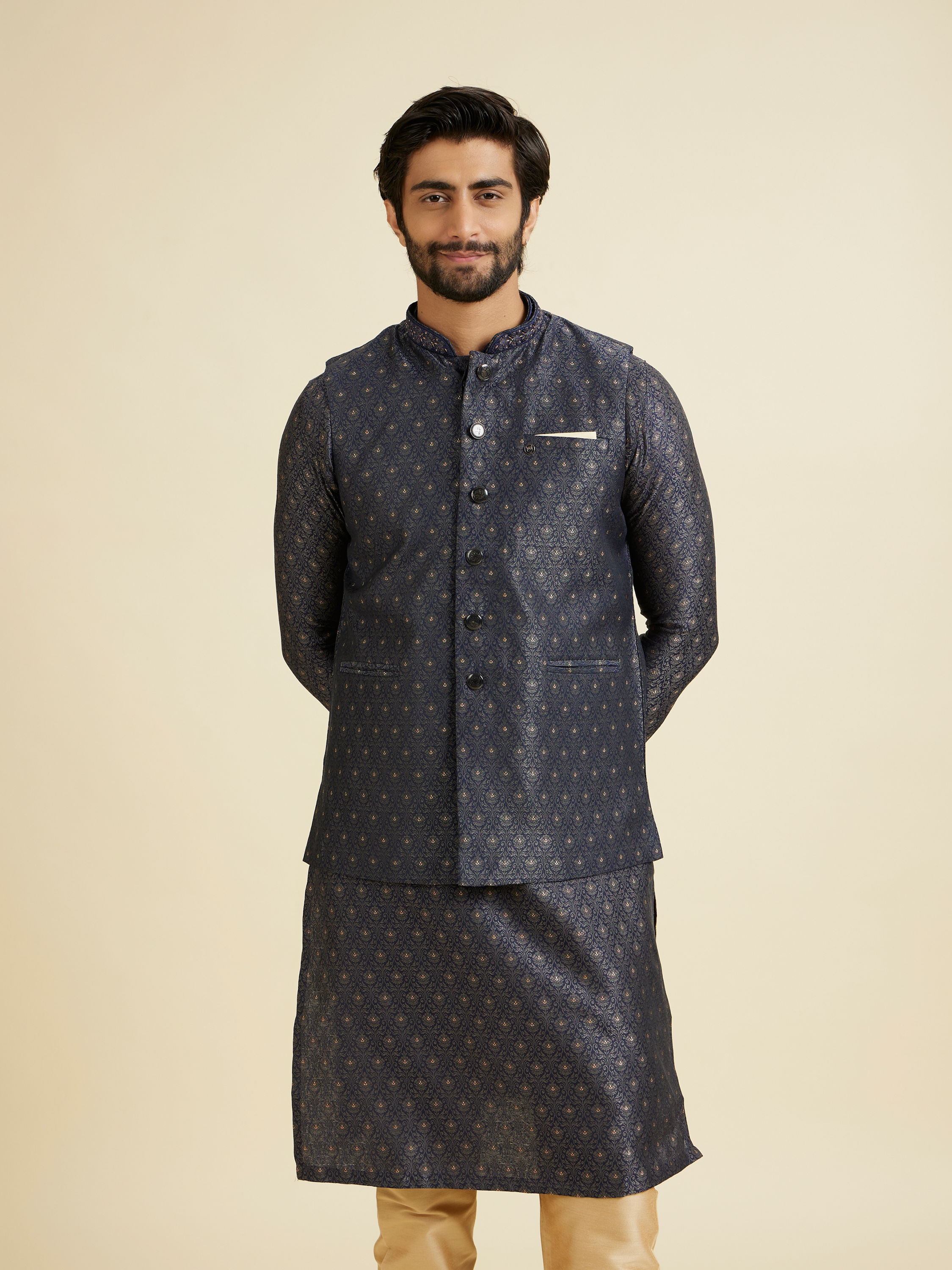 Manyavar Men Royal Dark Blue Nehru Jacket
