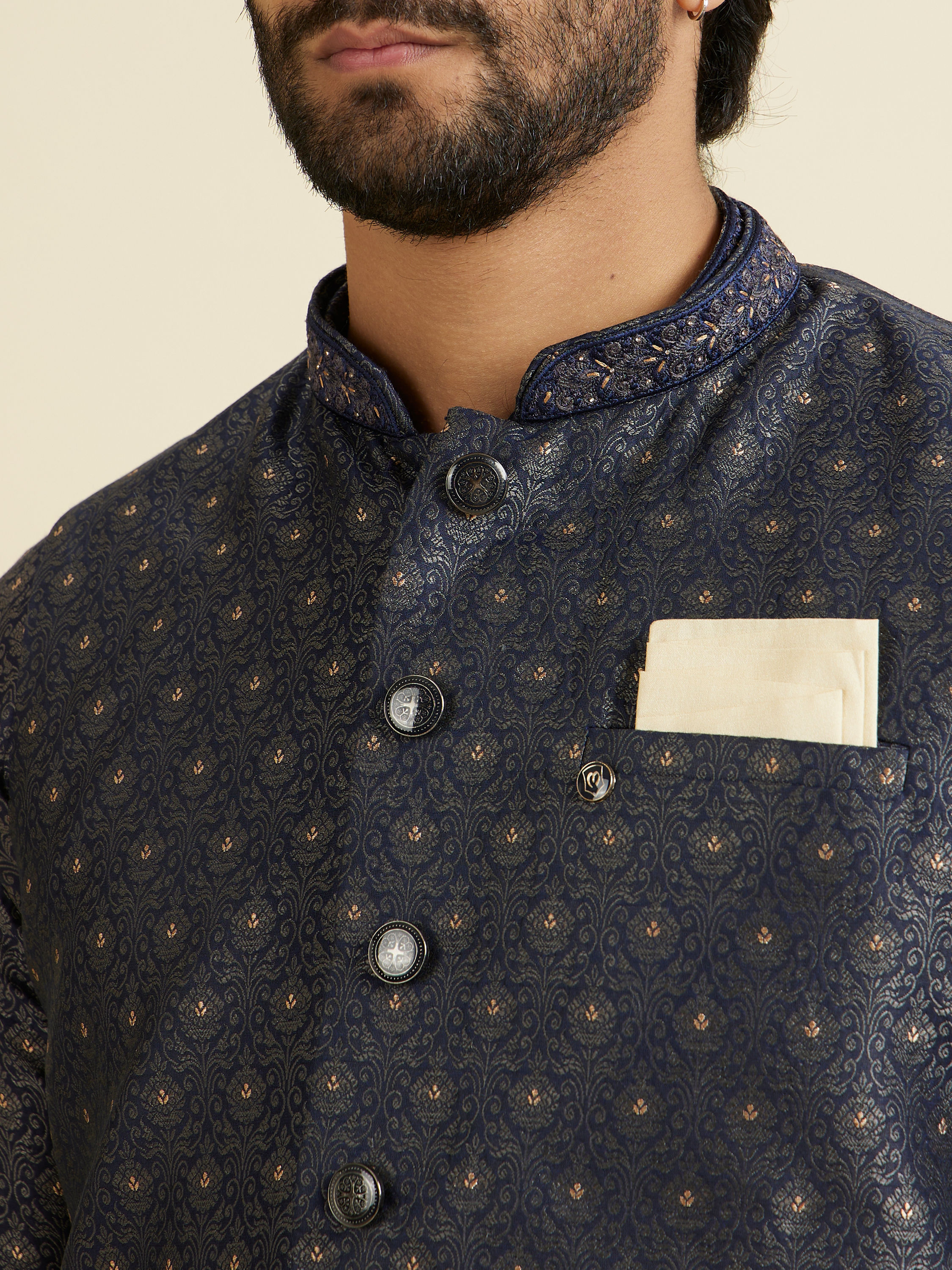 Manyavar Men Royal Dark Blue Nehru Jacket