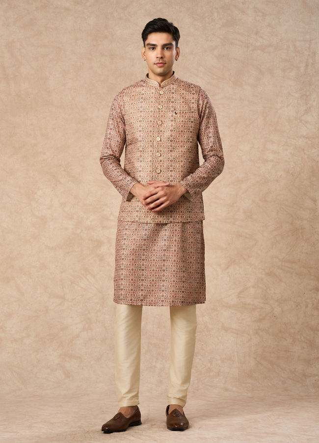 Manyavar Men Fawn Blended Viscose Nehru Jacket with Brooch