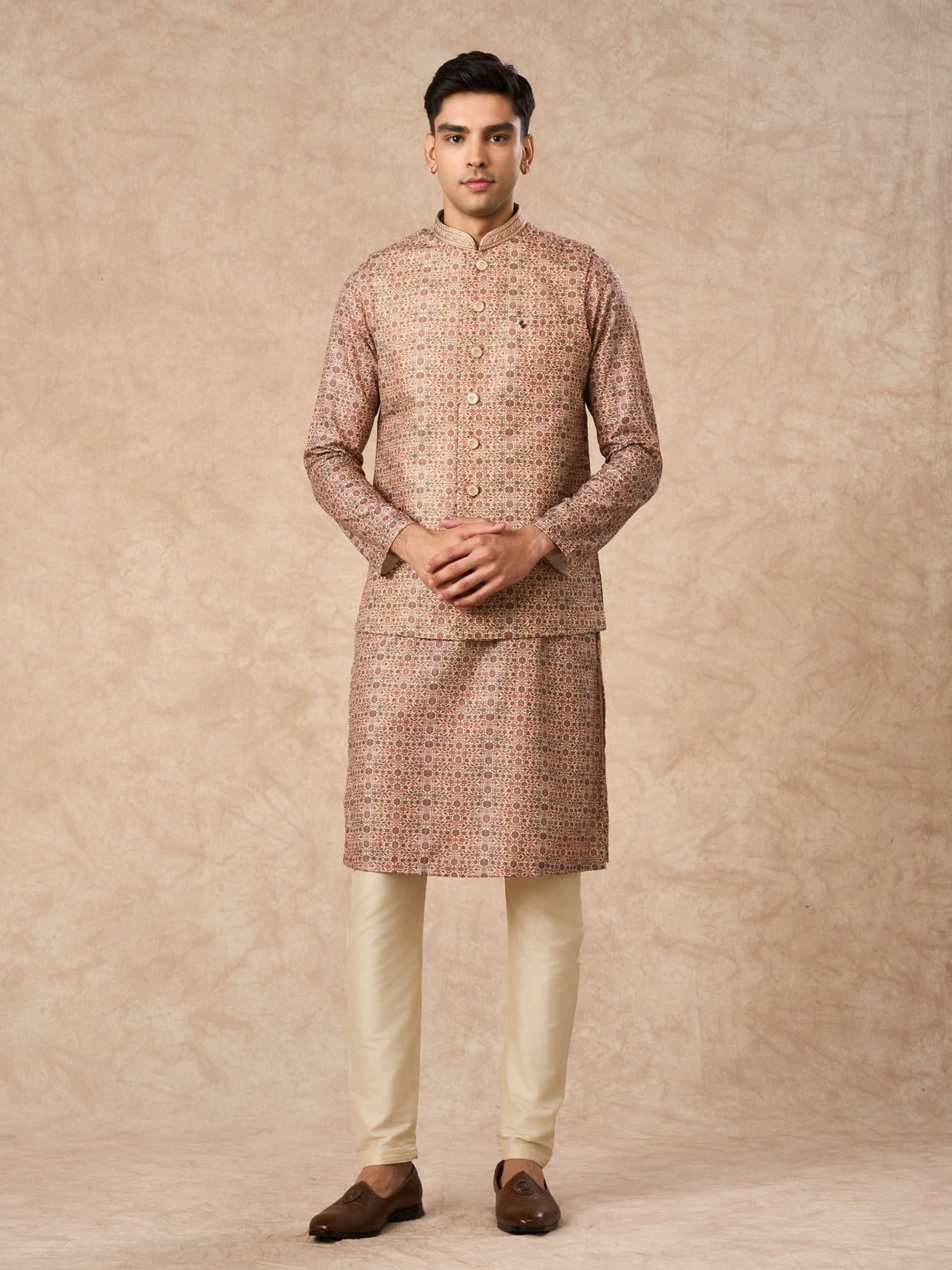 Manyavar Men Fawn Blended Viscose Nehru Jacket with Brooch