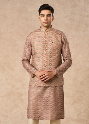 Manyavar Men Fawn Blended Viscose Nehru Jacket with Brooch