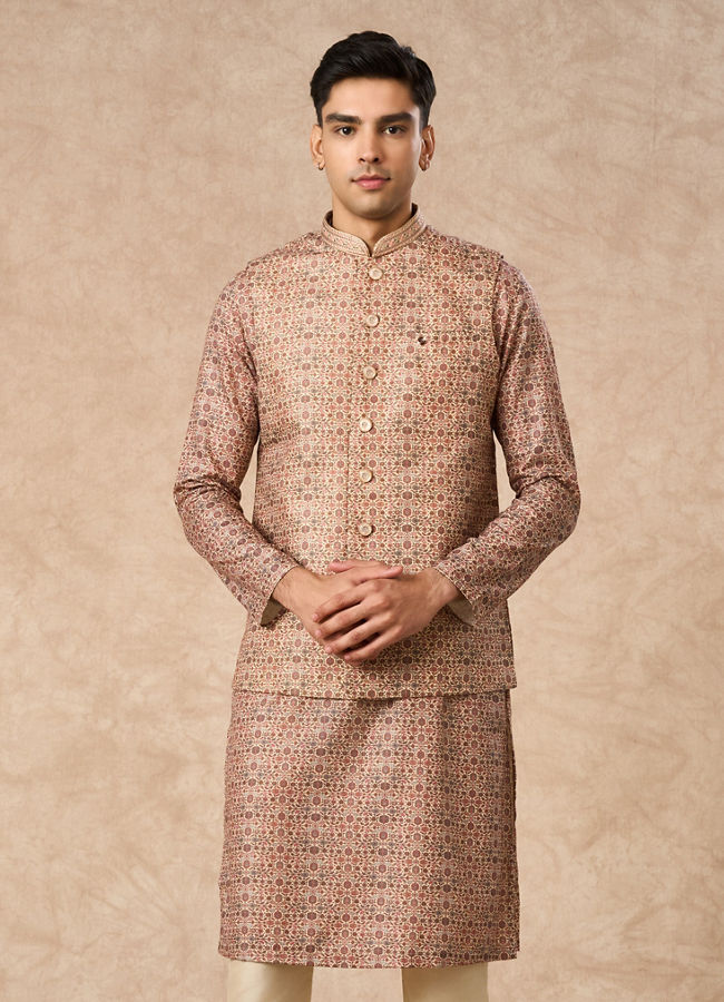 Manyavar Men Fawn Blended Viscose Nehru Jacket with Brooch