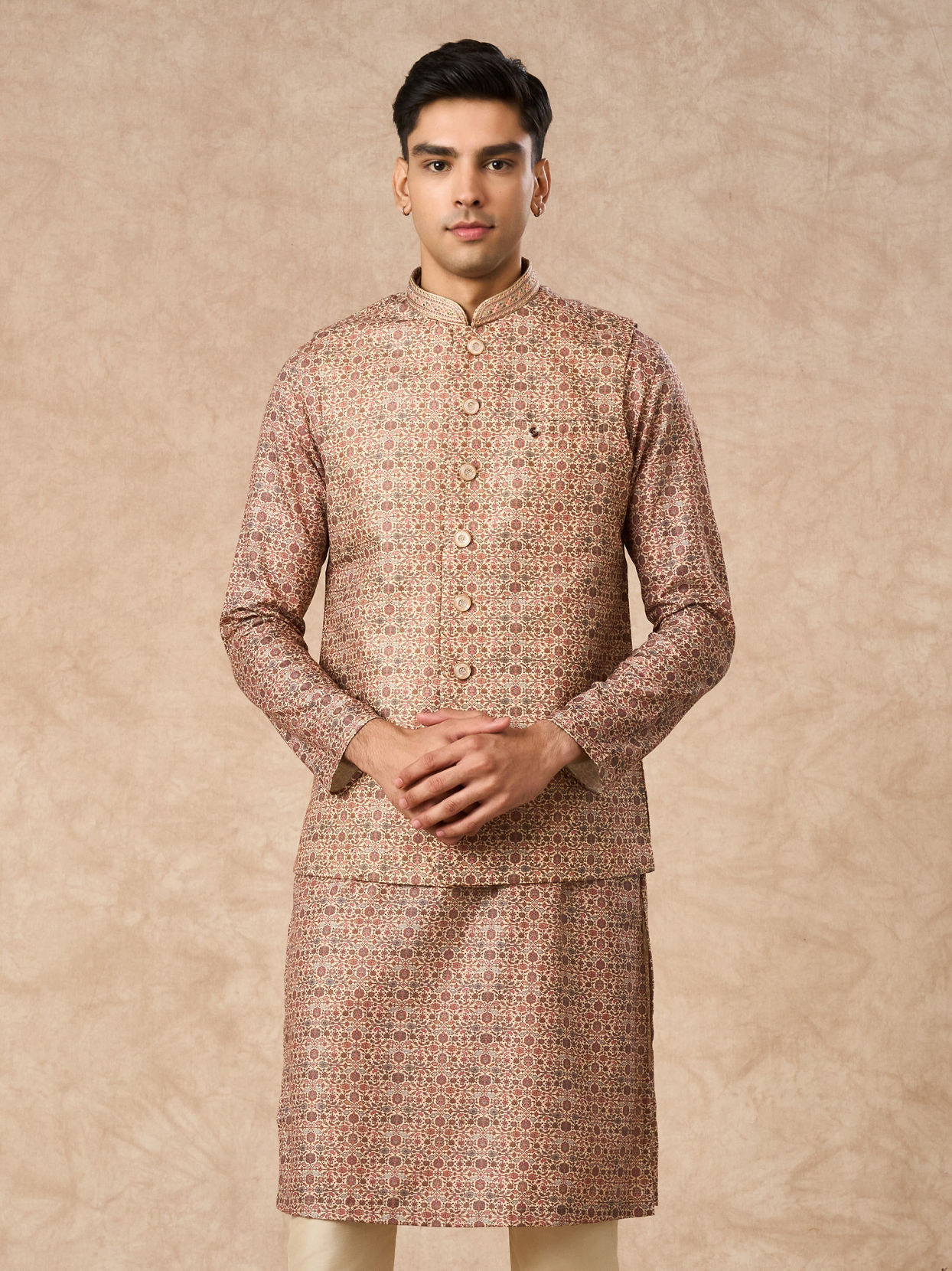 Manyavar Men Fawn Blended Viscose Nehru Jacket with Brooch